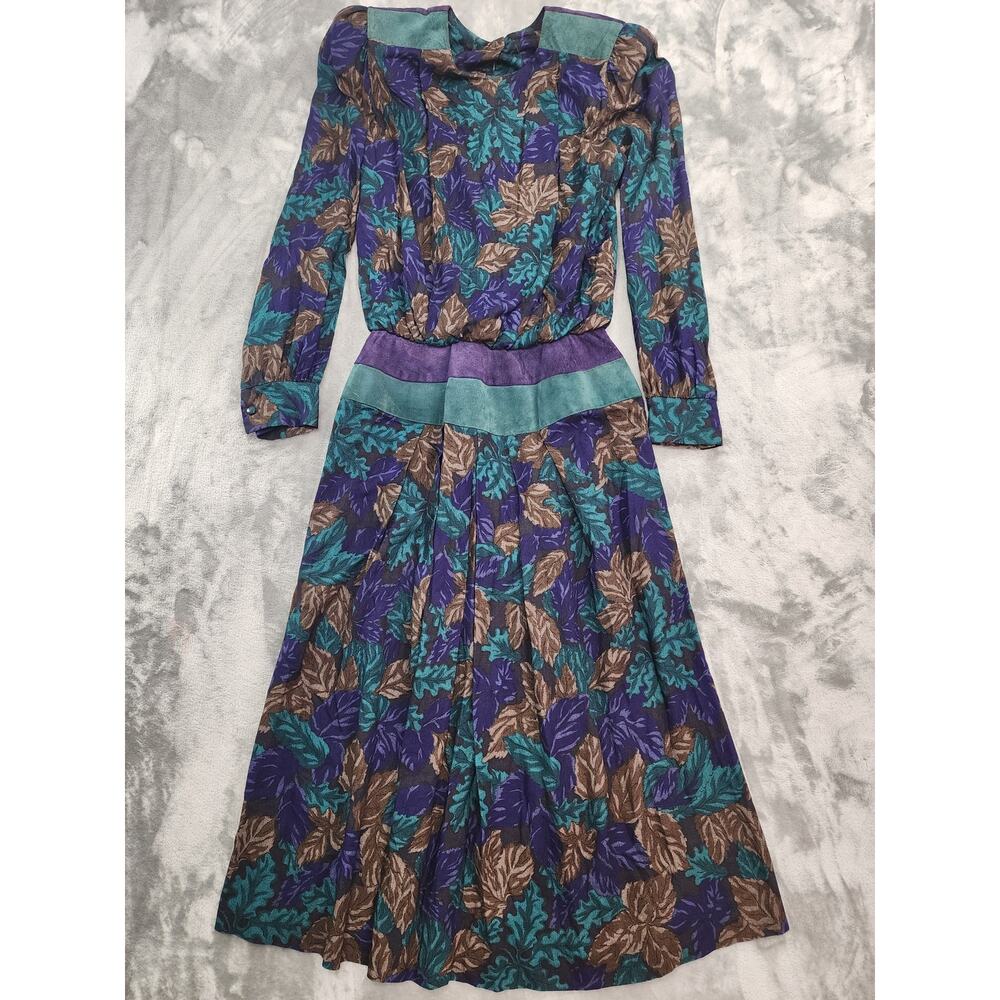 Vintage Patty O'Neil Dress Womens S Green Purple Floral Leaves Rayon Suede Boho